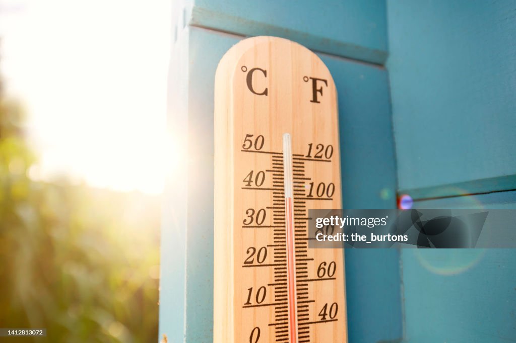Thermometer at blue wooden wall in garden