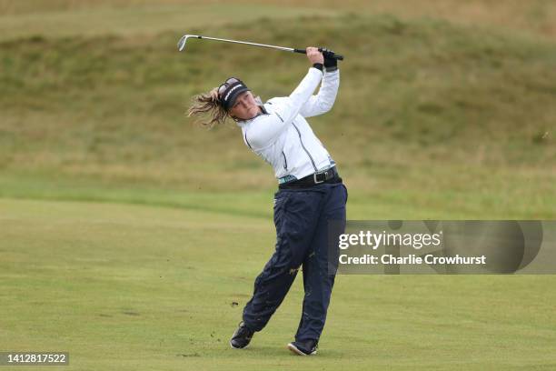 Brooke Henderson of Canada plays their second shot on the second hole during Day One of the AIG Women's Open at Muirfield on August 04, 2022 in...