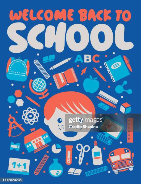 illustrations, cliparts, dessins animés et icônes de dépliant/affiche de la rentrée - bleu - back to school kids