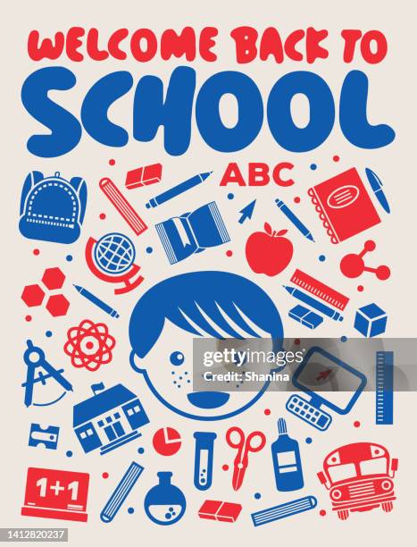 ilustrações de stock, clip art, desenhos animados e ícones de back to school boy flyer/poster - white - bus poster