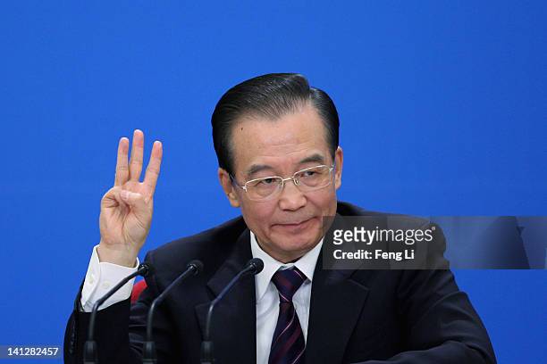 Wen Jiabao, China's premier, speaks during a news conference following the close of China's National People's Congress at The Great Hall Of The...