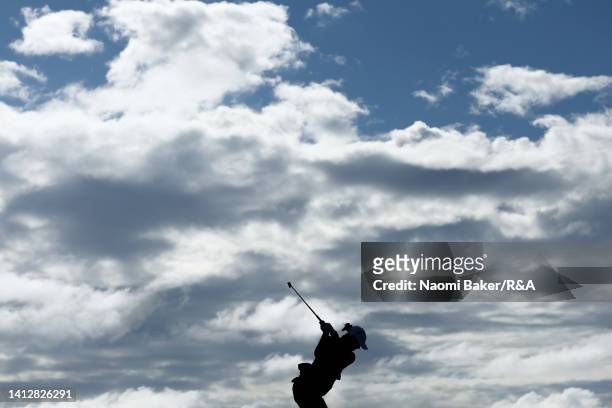 Jessica Korda of the United States plays their second shot on the 6th hole during Day One of the AIG Women's Open at Muirfield on August 04, 2022 in...