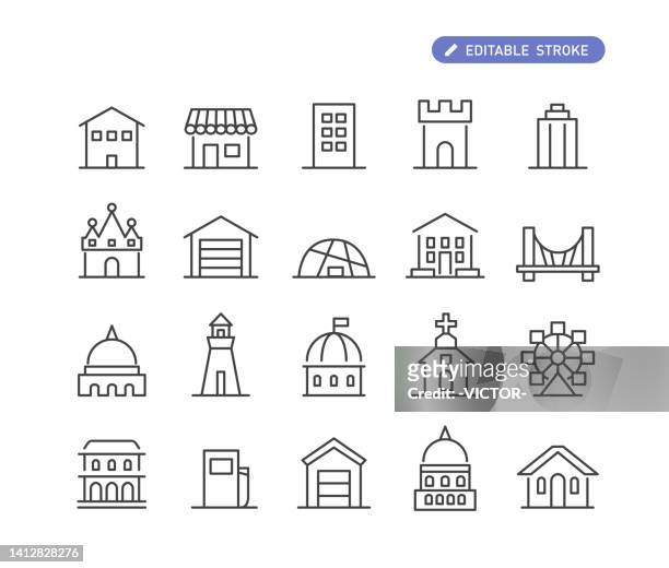 building icon set - line series - church building stock illustrations