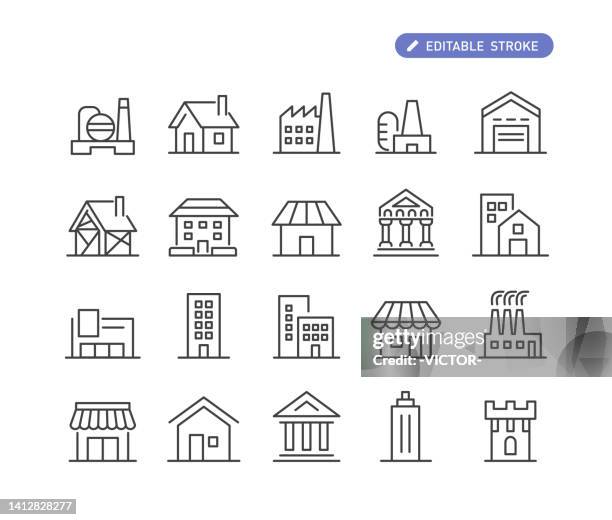 gebäude-icons - line serie - icon set stock-grafiken, -clipart, -cartoons und -symbole