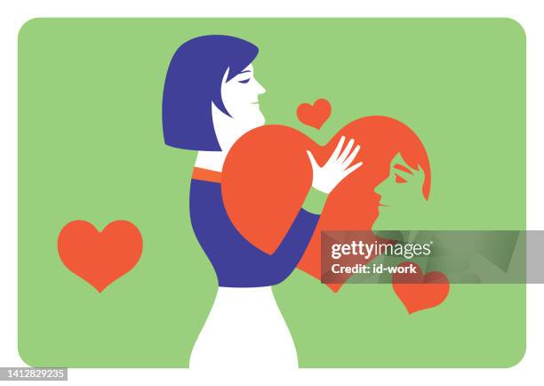 woman hugging heart and thinking lover - cheerful woman stock illustrations