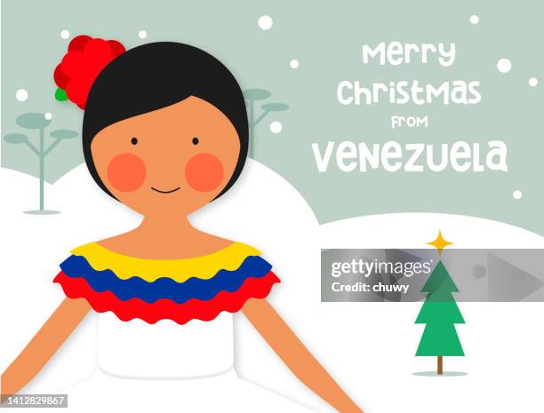 traditional costume girl christmas card from venezuela latin america - venezuelan culture stock illustrations