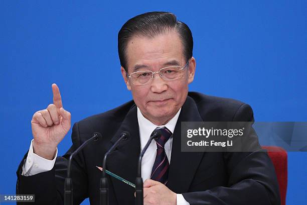 Wen Jiabao, China's premier, speaks during a news conference following the close of China's National People's Congress at The Great Hall Of The...