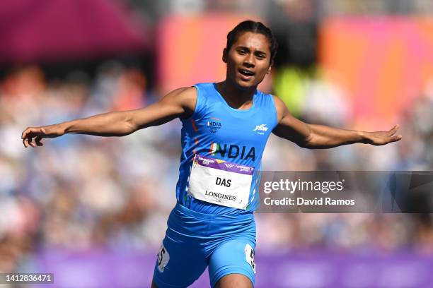 Hima Das of Team India reacts after qualifying in the Women's 200m Round 1 heats on day seven of the Birmingham 2022 Commonwealth Games at Alexander...