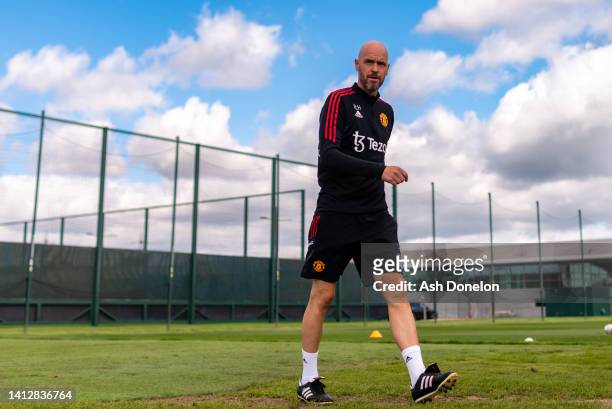 Manager Erik ten Hag of Manchester United in action during a first team training session at Carrington Training Ground on August 03, 2022 in...