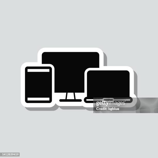 desktop computer, tablet pc and laptop. icon sticker on gray background - laptop computer blank screen stock illustrations