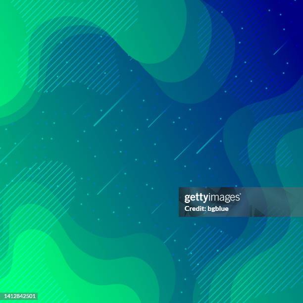 trendy starry sky with fluid and geometric shapes - green gradient - dark blue clouds stock illustrations