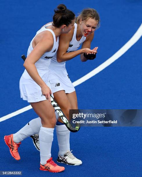 Frances Davies of Team New Zealand is seen injured during Women's Hockey - Pool B match South Africa and New Zealand between on day seven of the...