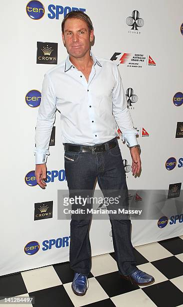 Cricketer Shane Warne arrives at the opening party of the 2012 Australian Grand Prix at Club 23 on March 14, 2012 in Melbourne, Australia.