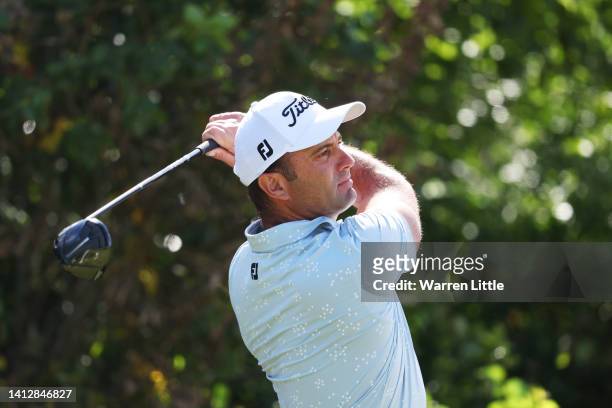 Ricardo Santos of Portugal tees off on the 4th hole during the first round of the Cazoo Open at Celtic Manor Resort on August 04, 2022 in Newport,...