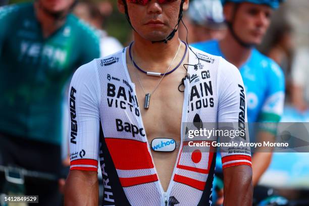 Detailed view of Yukiya Arashiro of Japan and Team Bahrain Victorious prior to the 44th Vuelta a Burgos 2022, Stage 3 a 156km stage from Quintana...