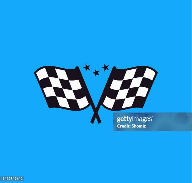 checkered race flags crossed on blue background - finish line car stock illustrations