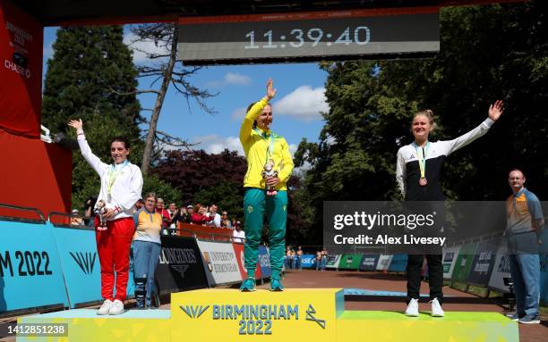 Silver Medalist, Anna Henderson of Team England, Gold Medalist, Grace Brown of Team Australia and Bronze Medalist, Georgia Williams of Team New...