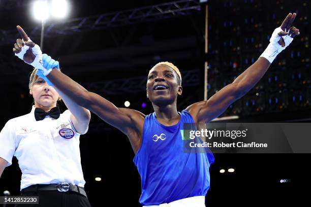 Patrick Chinyemba of Team Zambia celebrates victory in the Men’s Over 48kg-51kg - Quarter-Final fight on day seven of the Birmingham 2022...