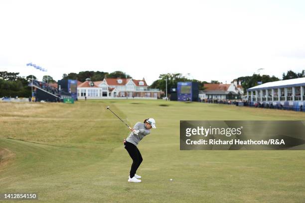 Hinako Shibuno of Japan plays her second shot on the eighteenth hole during Day One of the AIG Women's Open at Muirfield on August 04, 2022 in...
