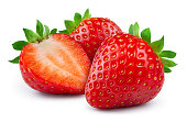 Strawberries isolated. Strawberry whole and a half on white background. Strawberry slice. With clipping path. Full depth of field.