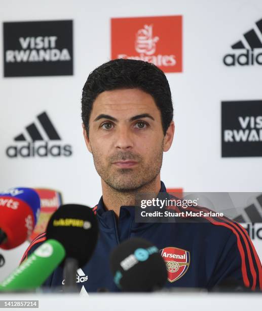 Arsenal manager Mikel Arteta attends a press conference at London Colney on August 04, 2022 in St Albans, England.