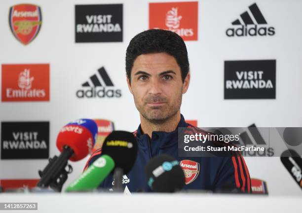 Arsenal manager Mikel Arteta attends a press conference at London Colney on August 04, 2022 in St Albans, England.