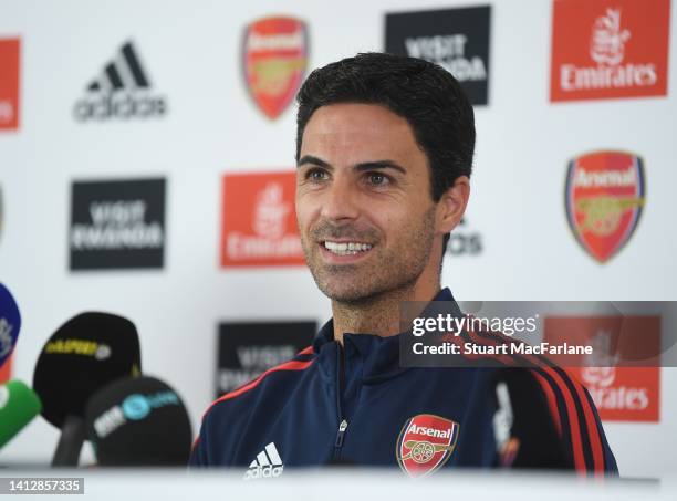 Arsenal manager Mikel Arteta attends a press conference at London Colney on August 04, 2022 in St Albans, England.