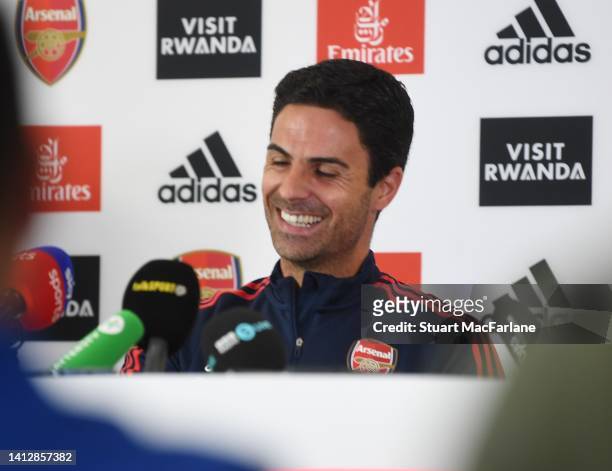 Arsenal manager Mikel Arteta attends a press conference at London Colney on August 04, 2022 in St Albans, England.