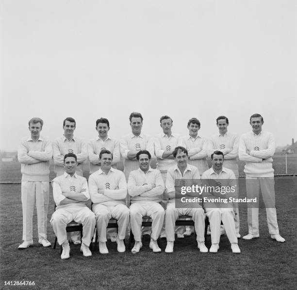 The Essex County Cricket Club team pose for a team portrait ahead of the 1962 County Championship at the Gidea Park Sports Ground in Romford, Essex,...