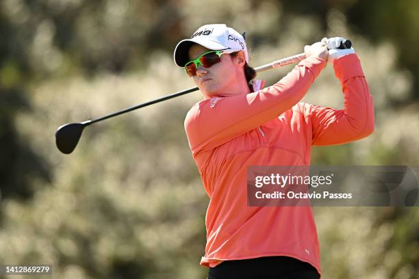 Leona Maguire of Ireland tees off on the third hole during Day One of the AIG Women's Open at Muirfield on August 04, 2022 in Gullane, Scotland.