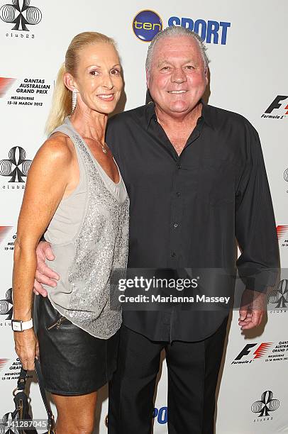 Alan Jones and partner Amanda Davis arrive at the opening party of the 2012 Australian Grand Prix at Club 23 on March 14, 2012 in Melbourne,...