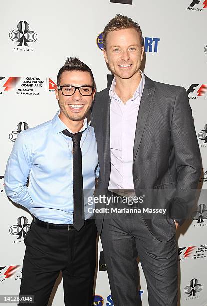 Anthony Calea and Tim Campbell arrive at the opening party of the 2012 Australian Grand Prix at Club 23 on March 14, 2012 in Melbourne, Australia.