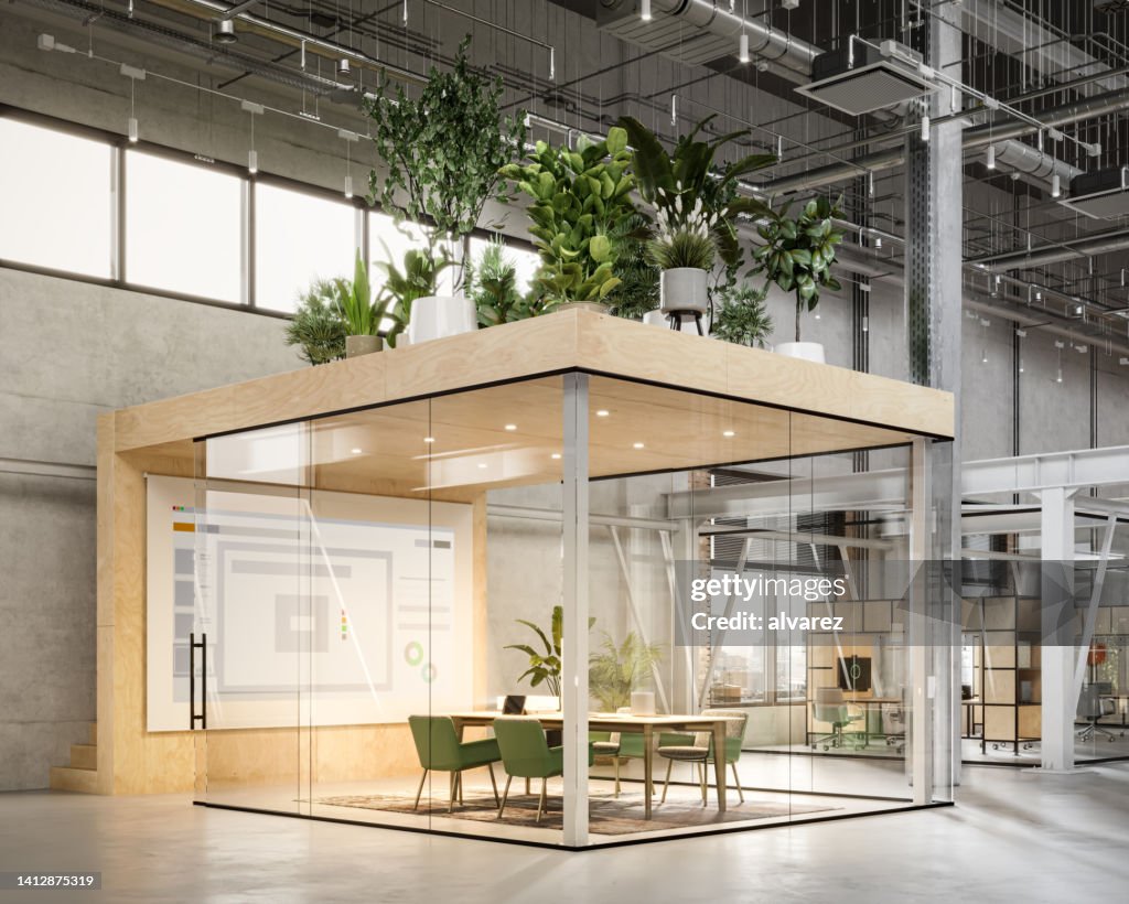 3D rendering of conference room with glass wall in sustainable office space