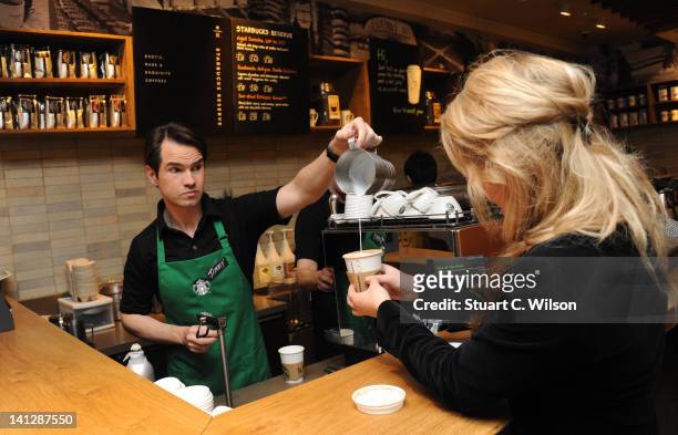 Jimmy Carr launches new stronger British Latte at Starbucks on March 14, 2012 in London, England.