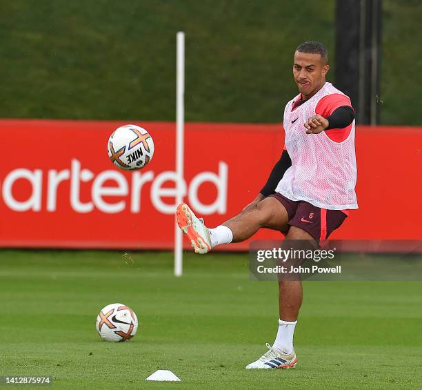 Thiago Alcantara of Liverpool during a training session at AXA Training Centre on August 04, 2022 in Kirkby, England.