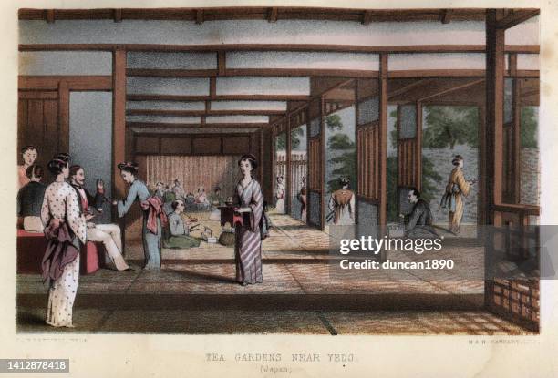 japanese tea gardens near yedo (edo), japan, women in traditional dress serving tea, 19th century - oriental garden stock illustrations