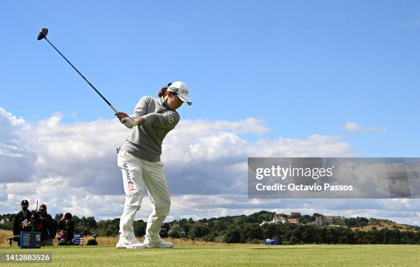 Hinako Shibuno of Japan tees off on the 15th hole during Day One of the AIG Women's Open at Muirfield on August 04, 2022 in Gullane, Scotland.