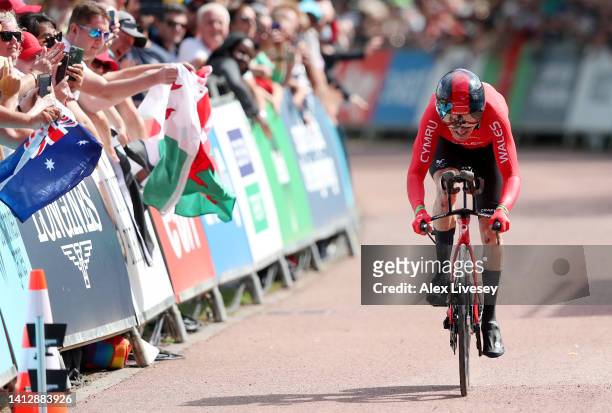 Geraint Thomas of Team Wales finishes during the Men's Individual Time Trial Final on day seven of the Birmingham 2022 Commonwealth Games on August...