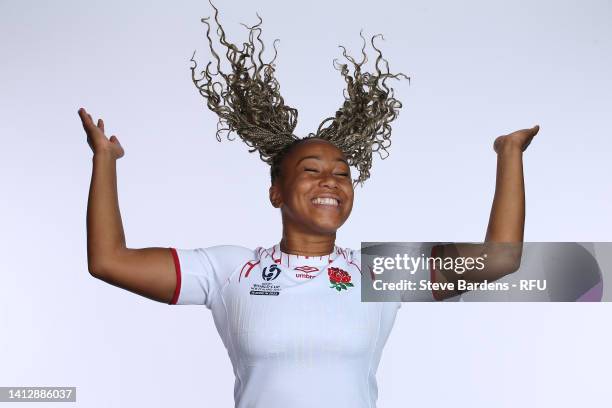 Sadia Kabeya poses for a portrait during England Red Roses RWC Squad Photocall at Village Hotel Bracknell on August 01, 2022 in Bracknell, England.