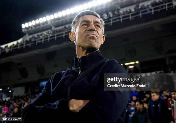 Pedro Caixinha coach of Talleres looks on before a Copa Libertadores quarter final first leg match between Velez and Talleres at Jose Amalfitani...