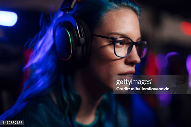 cute gamer girl up close - blue hair stock pictures, royalty-free photos & images