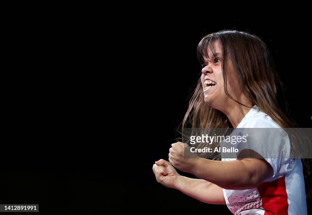 Zoe Newsom of Team England reacts after competing during the Women's Para Powerlifting Lightweight Final on day seven of the Birmingham 2022...