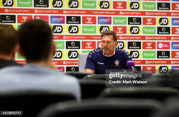 Southampton manager Ralph Hasenhüttl during a Southampton FC press conference at the Staplewood Campus on August 04, 2022 in Southampton, England.