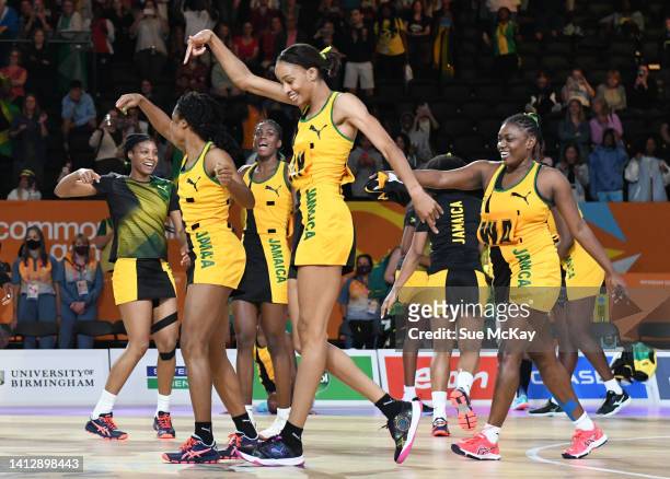 Shamera Sterling leads Team Jamaica in a traditional team dance after winning the Group A match between Australia and Jamaica on day seven of the...