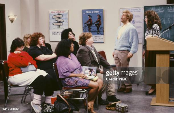 Episode 19 -- Pictured: Delta Burke as Amanda, Chris Farley as Ned Crowley, Al Franken as Stuart Smalley,Julia Sweeney as Val during "Weight Watchers...