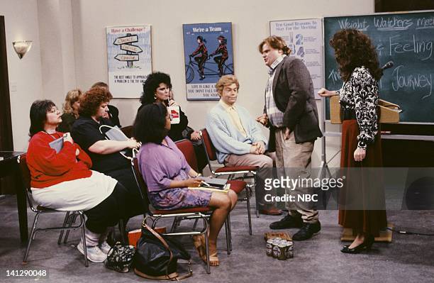 Episode 19 -- Pictured: Delta Burke as Amanda, Al Franken as Stuart Smalley, Chris Farley as Ned Crowley, Julia Sweeney as Val during "Weight...