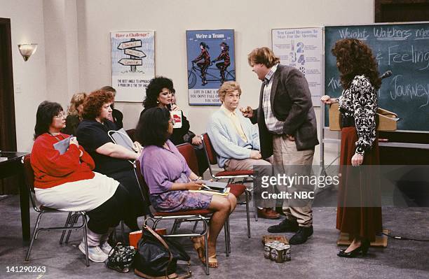 Episode 19 -- Pictured: Delta Burke as Amanda, Al Franken as Stuart Smalley, Chris Farley as Ned Crowley, Julia Sweeney as Val during "Weight...