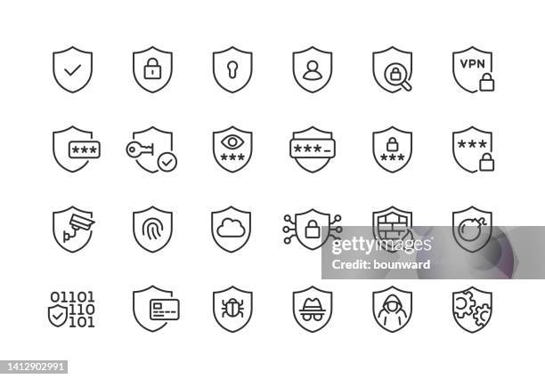 illustrazioni stock, clip art, cartoni animati e icone di tendenza di shield data security line icons tratto modificabile - using computer stock illustrations