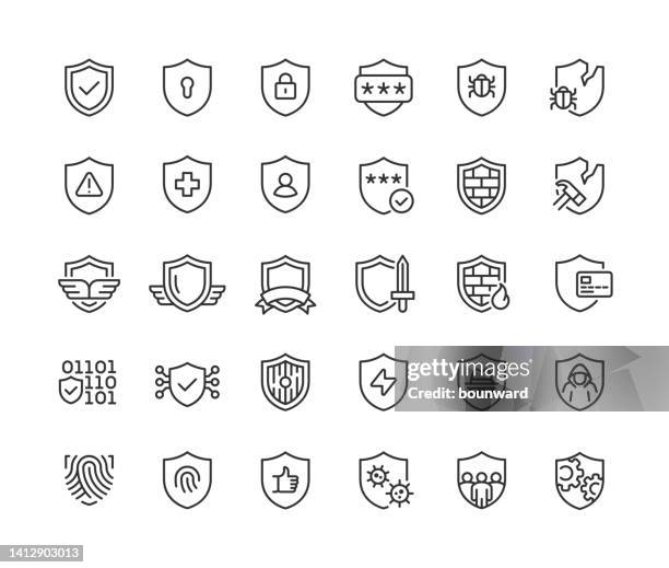 shield line icons editable stroke - 遮護的手勢 幅插畫檔、美工圖案、卡通及圖標