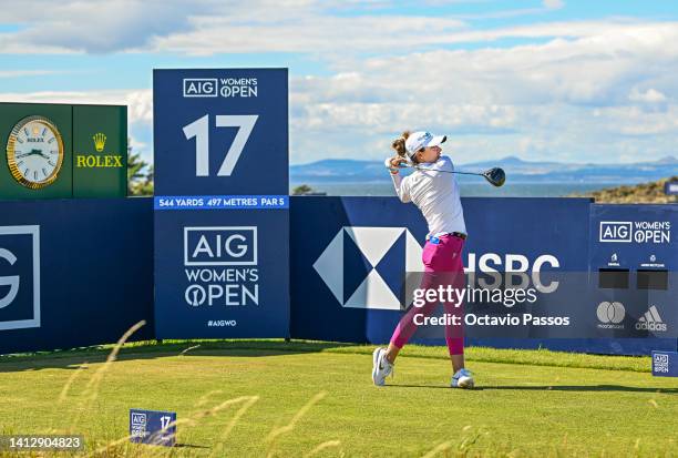 Gaby Lopez of Mexico plays her tee shot on the 17th hole during Day One of the AIG Women's Open at Muirfield on August 4, 2022 in Gullane, Scotland.